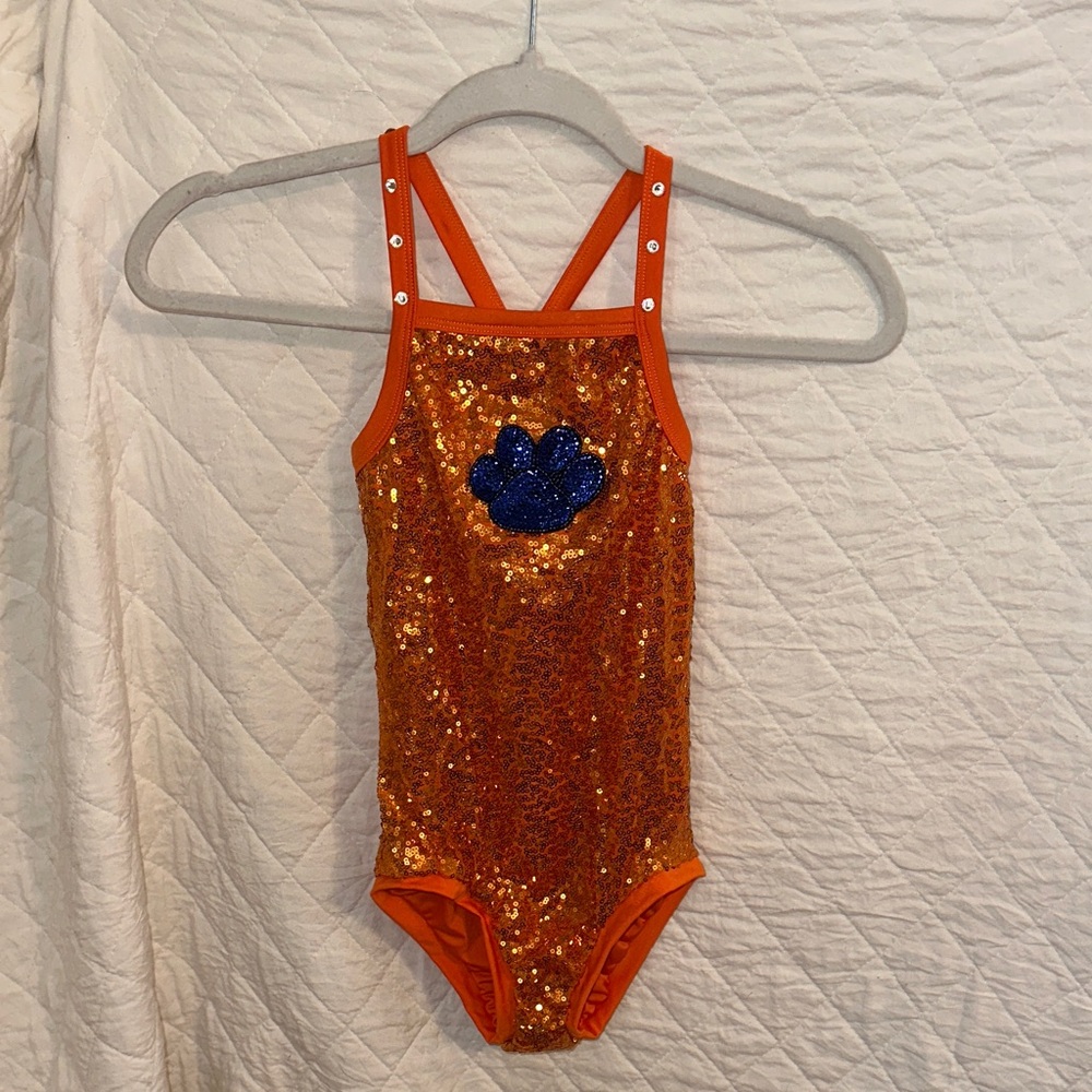 Twinkle & Twirl Orange Sequin Girls Leotard with Blue Paw Design (XXL/7-8T)